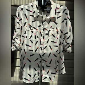 Karl Lagerfeld White Lipstick Print Button Down Shirt